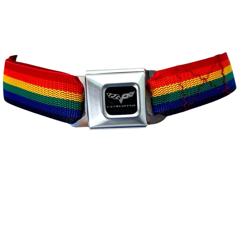 BUCKLE-DOWN SEAT BELT RAINBOW STRIPE ADJUSTABLE BELT WITH CORVETTE LOGO BUCKLE